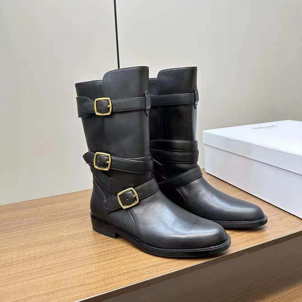 Celine Celine Lyra Triple Buckles Boot in Calfskin for Women in Black Celine Celine Lyra Triple Buckles Boot in Calfskin for Women in Black