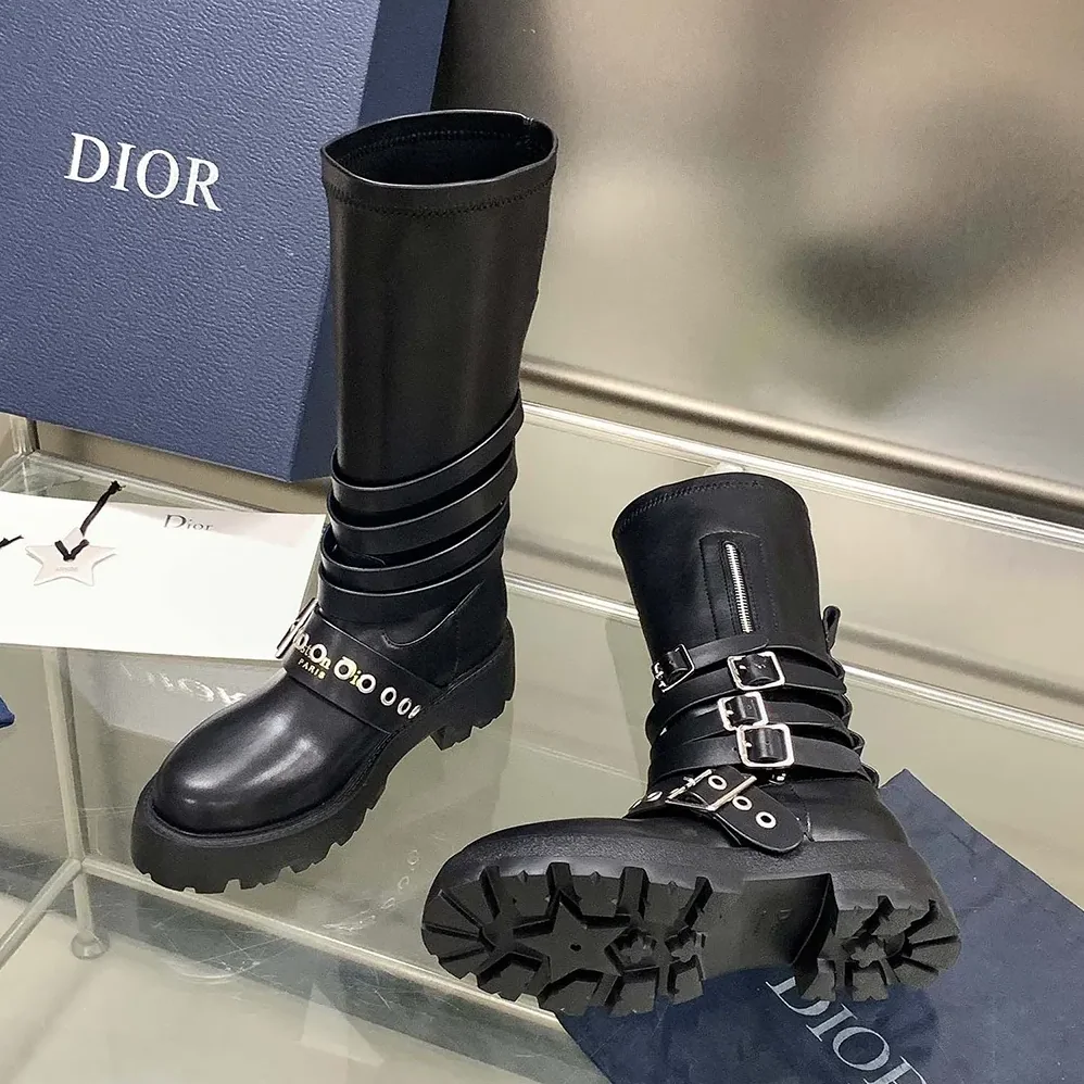 Dior D-Fight Ankle Boot Black Calfskin and Leather for Women in Effect Stretch Material Dior D-Fight Ankle Boot Black Calfskin and Leather for Women in Effect Stretch Material