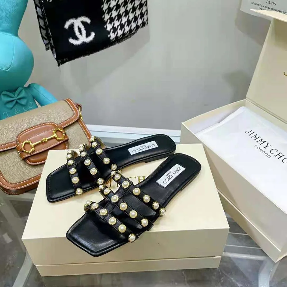 Jimmy Choo Hazal Flat Black Nappa Caged Flats with Pearl Studs for Women