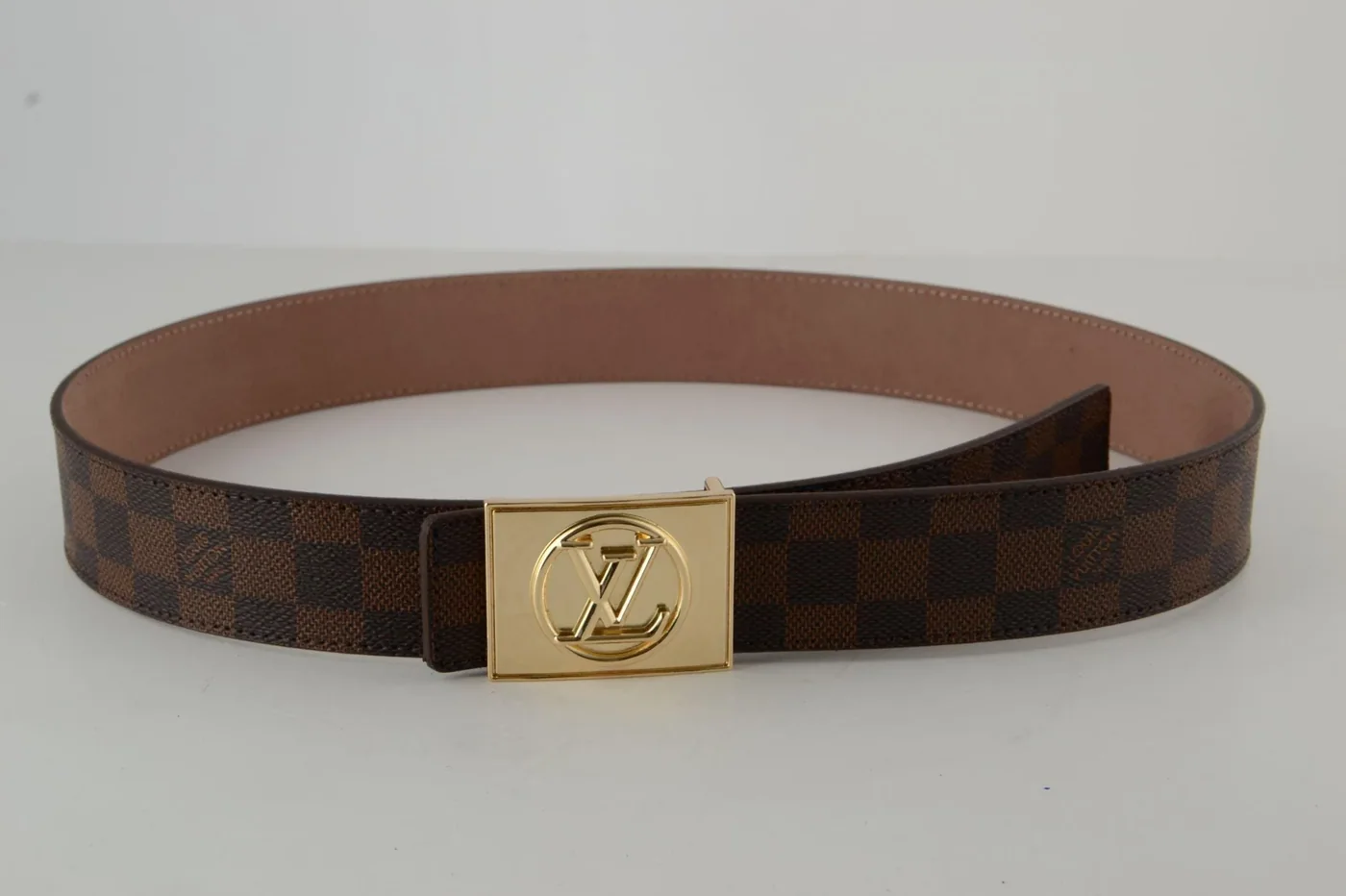 Brown Damier Gold Buckle Leather Belt