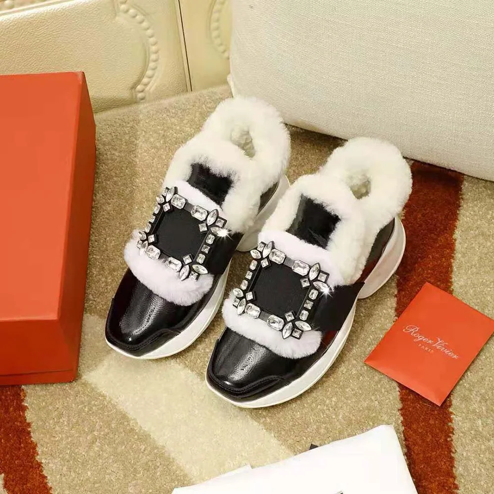 Roger Vivier Viv' Run Shearling Strass Buckle Sneakers in Patent Leather for Women Roger Vivier Viv' Run Shearling Strass Buckle Sneakers in Patent Leather for Women