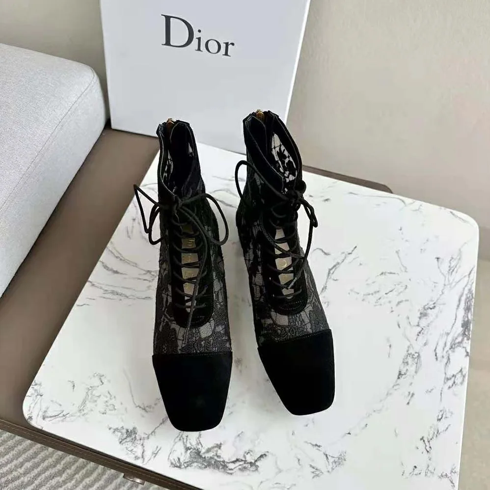 Dior Naughtily-d Ankle Boot Black Transparent Mesh and Suede Embroidered for Women