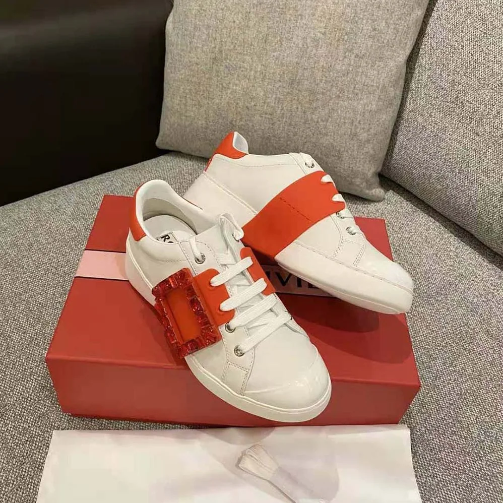 Roger Vivier Viv Skate Strass Buckle Sneakers in Soft Leather for Women in Red
