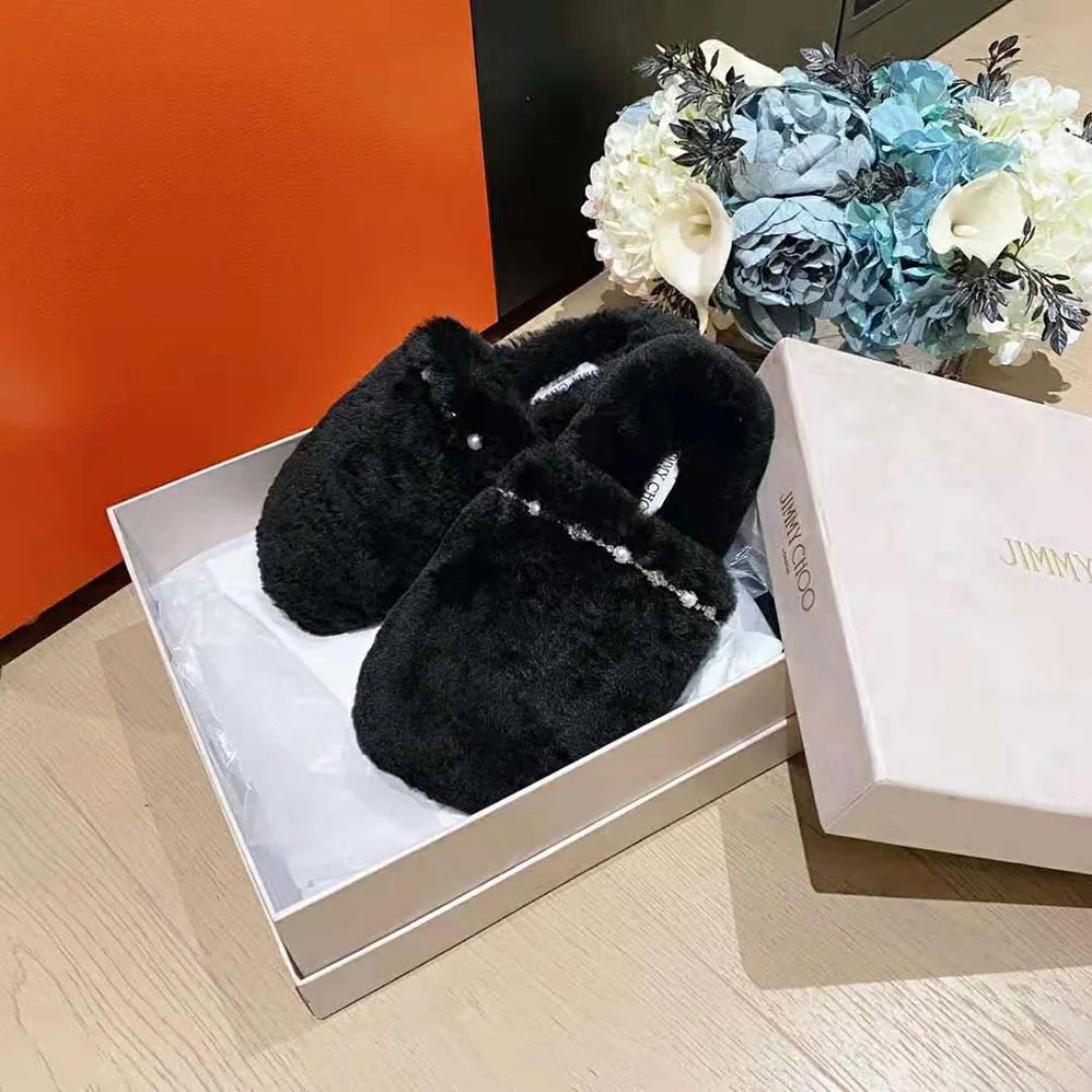 Jimmy Choo Aliette Flat Natural Shearling Slippers for Women in Black