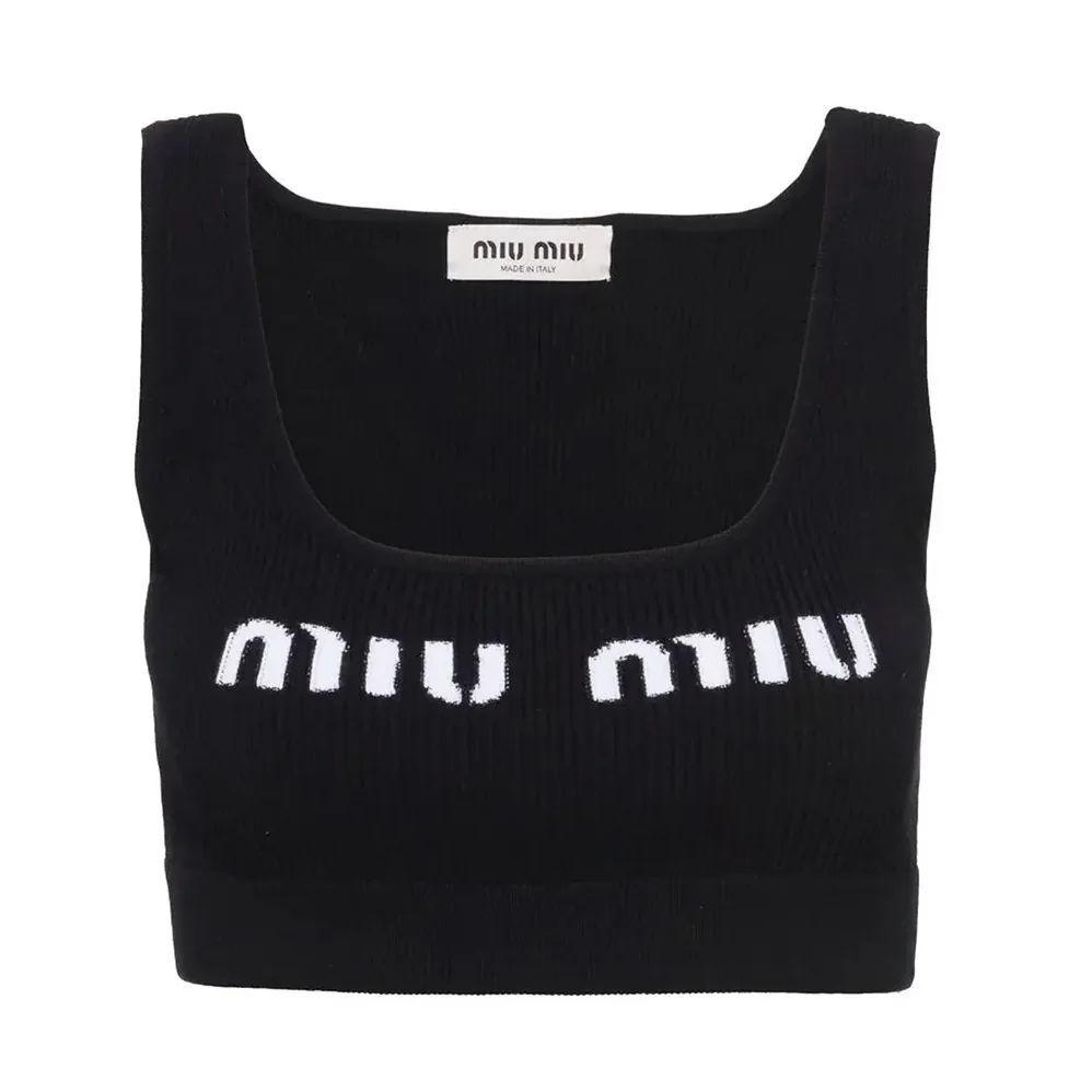 Miu Miu Viscose Top with Intarsia Logo Completes for Women in Black Miu Miu Viscose Top with Intarsia Logo Completes for Women in Black