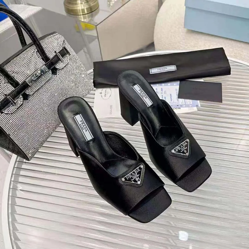 Prada High-Heeled Satin Slides for Women in Black Prada High-Heeled Satin Slides for Women in Black