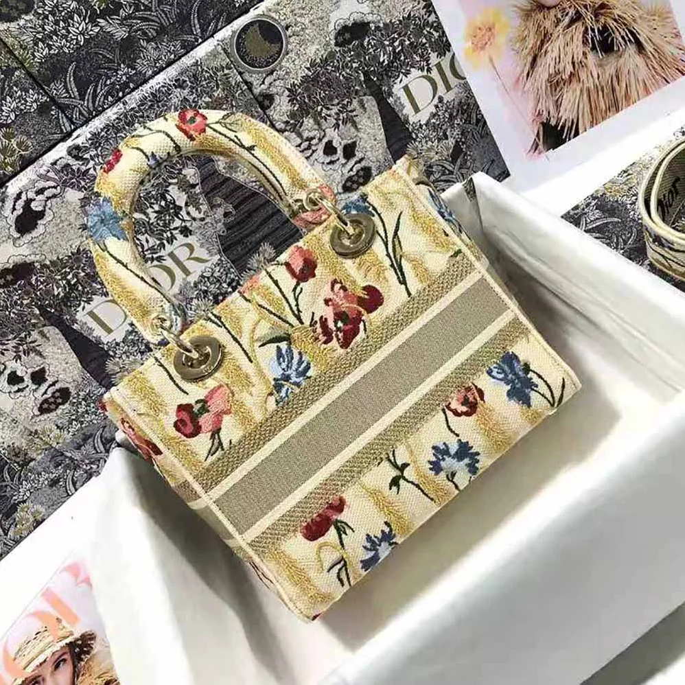 Dior Medium Lady D-lite Bag Beige Multicolor Dior Hibiscus Metallic Thread Embroidery for Women