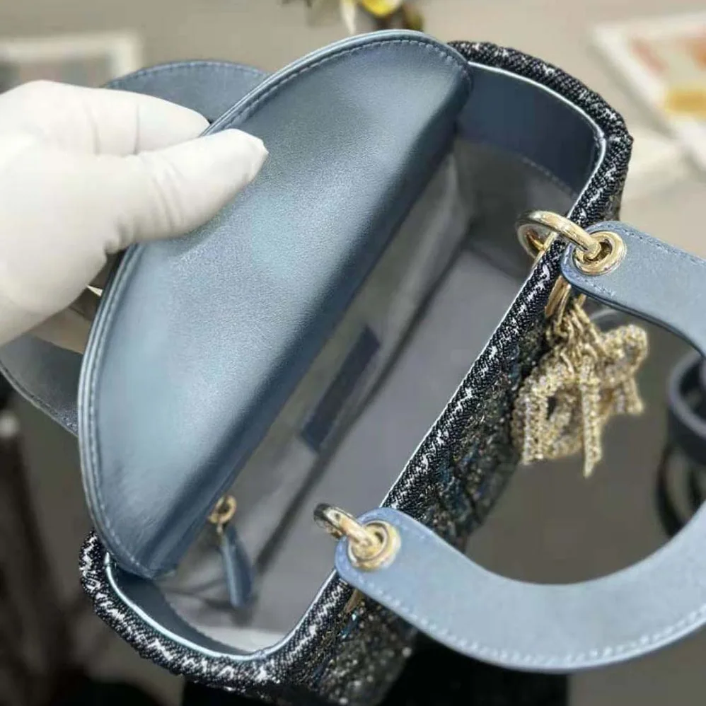 Dior Small Lady Dior Bag Metallic Calfskin and Satin with Celestial Blue Bead Embroidery for Women