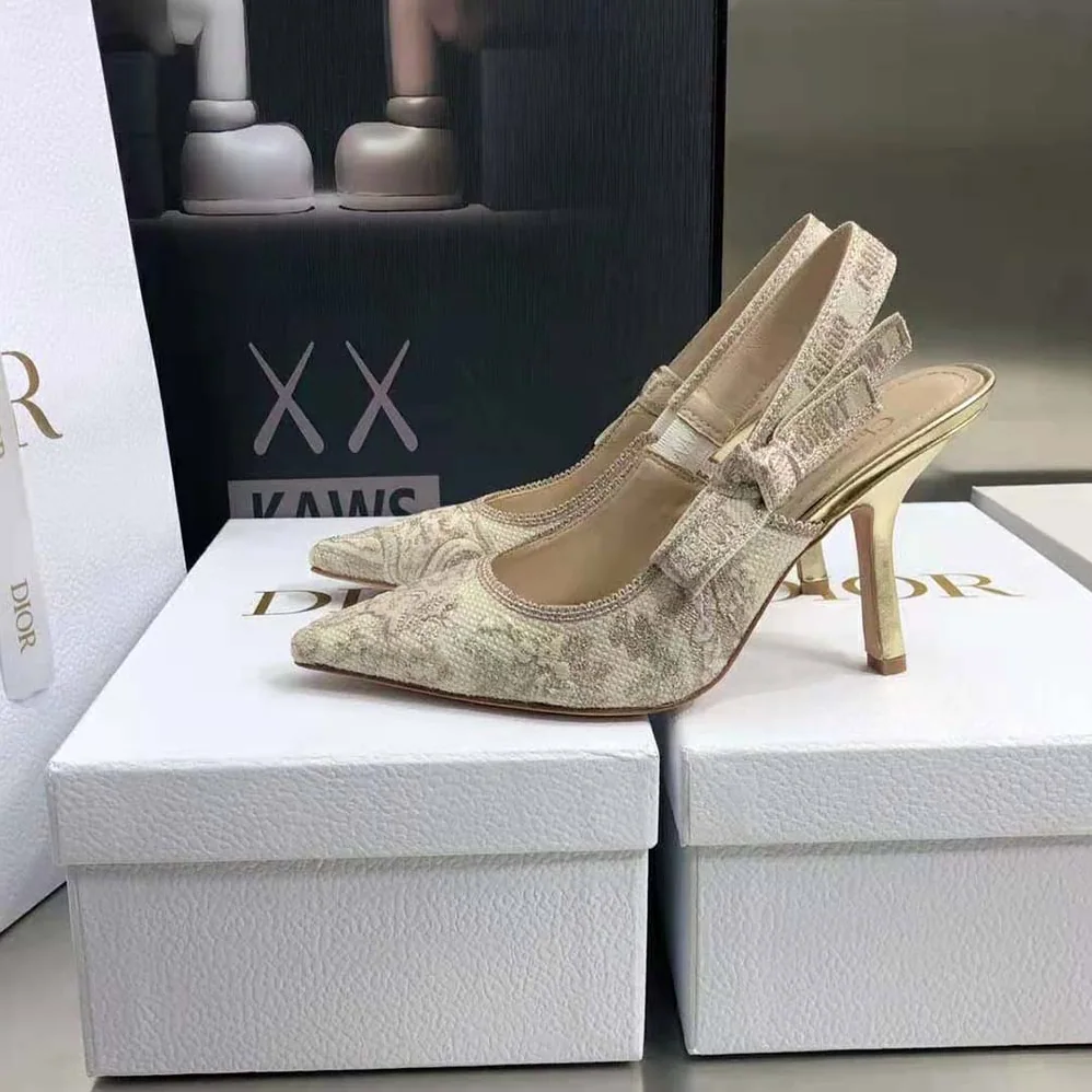 Dior J adior Slingback Pump White and Gold-Tone Toile de Jouy Embroidered Cotton for Women
