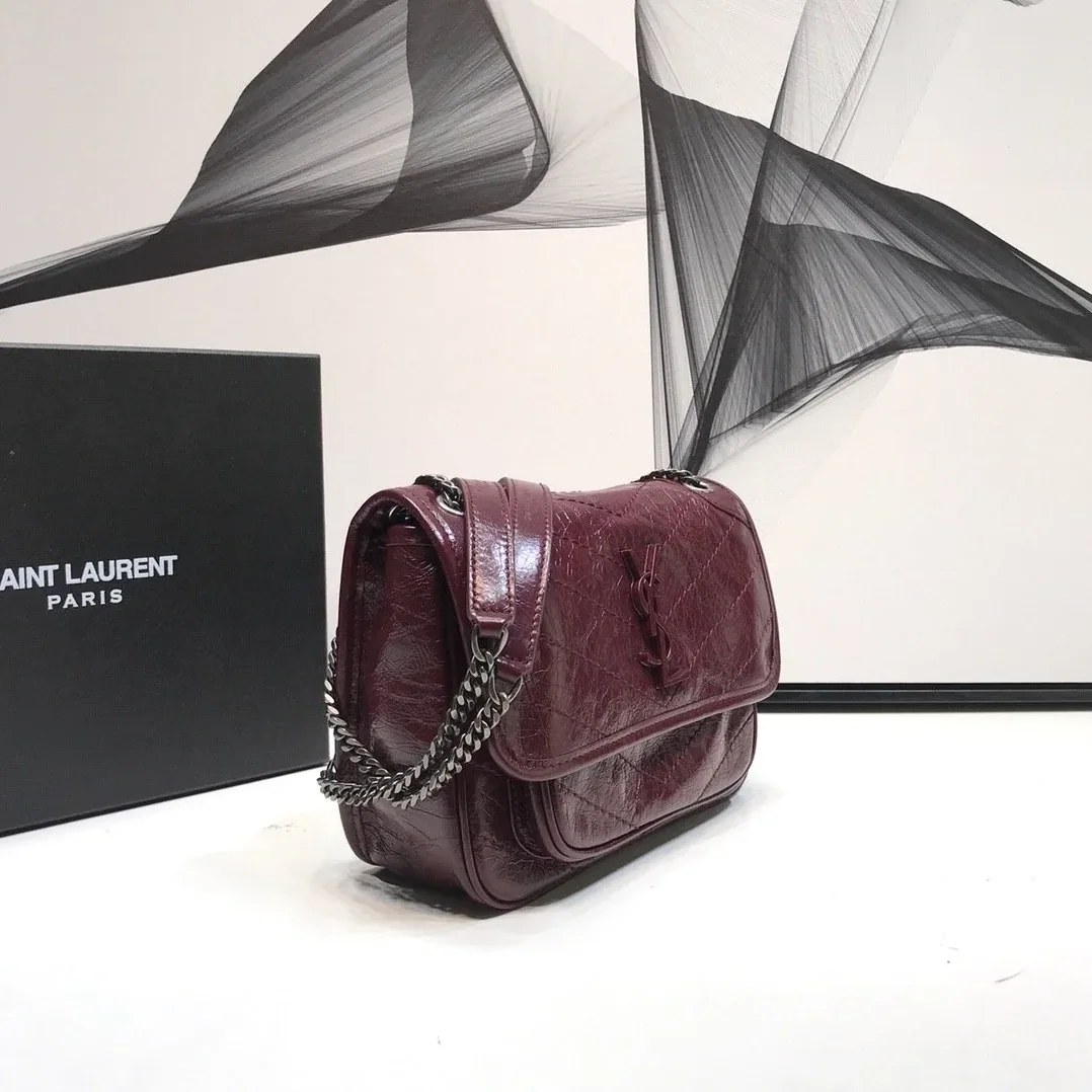 Saint Laurent Niki Baby Chain Bag In Crinkled Vintage Burgundy in YSL Saint Laurent Niki Baby Chain Bag In Crinkled Vintage Burgundy in YSL