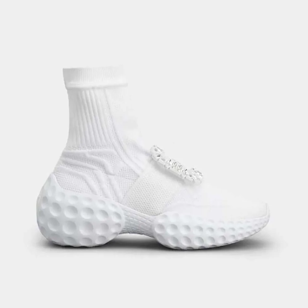 Roger Vivier Viv' Run Light Socks Strass Buckle Ankle Boots in Fabric for Women in White