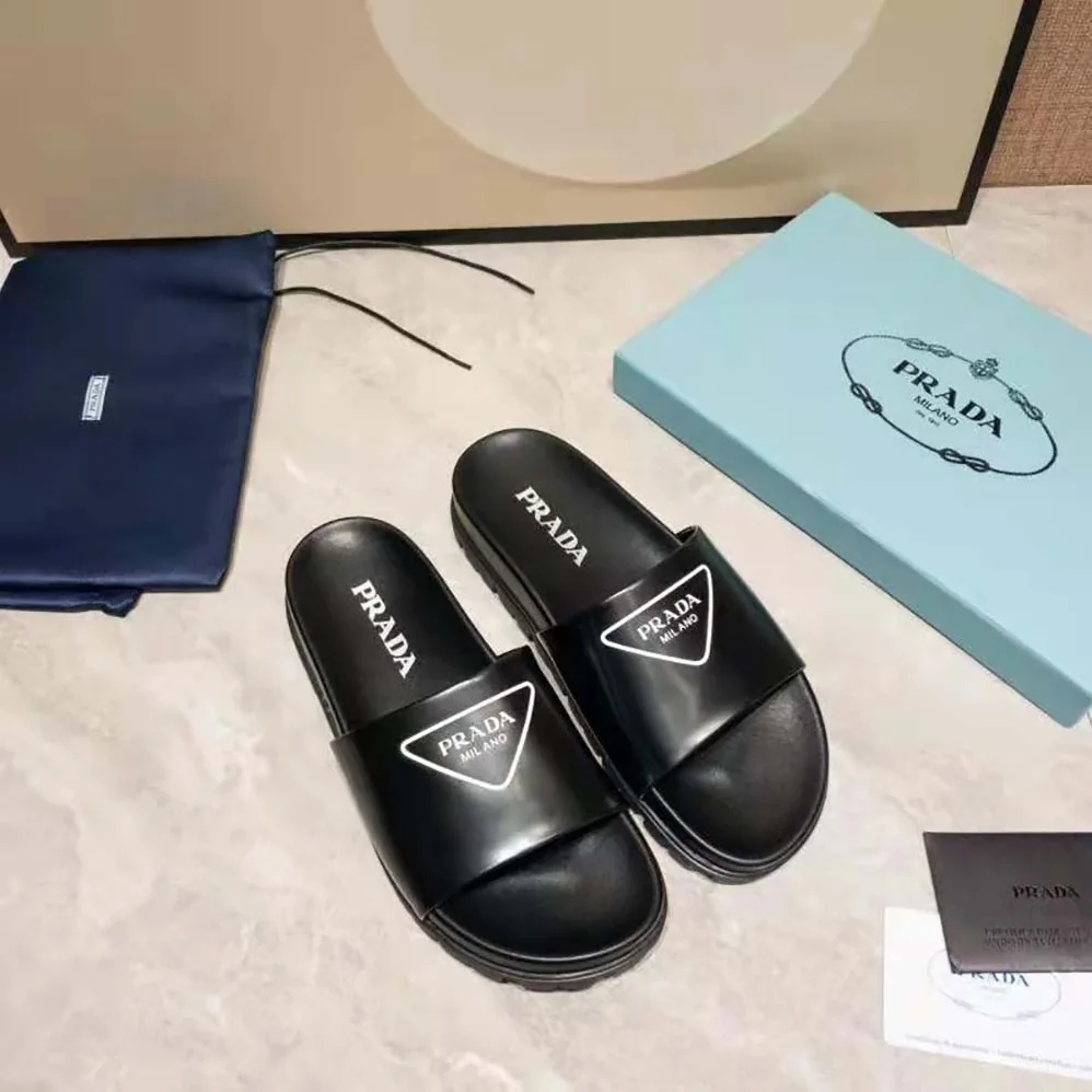 Prada Leather Slides in 20mm Heel for Women in Black Prada Leather Slides in 20mm Heel for Women in Black