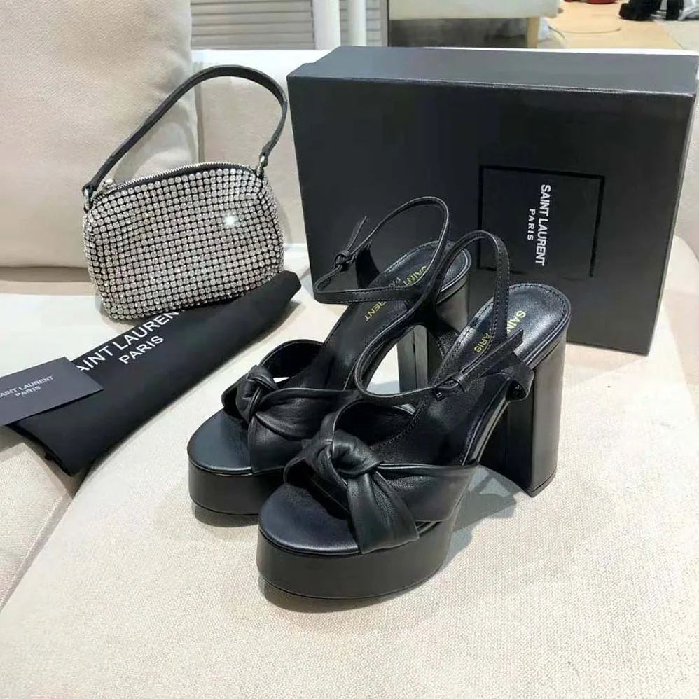 Saint Laurent YSL Bianca Platform Sandals in Smooth Leather for Women in Black