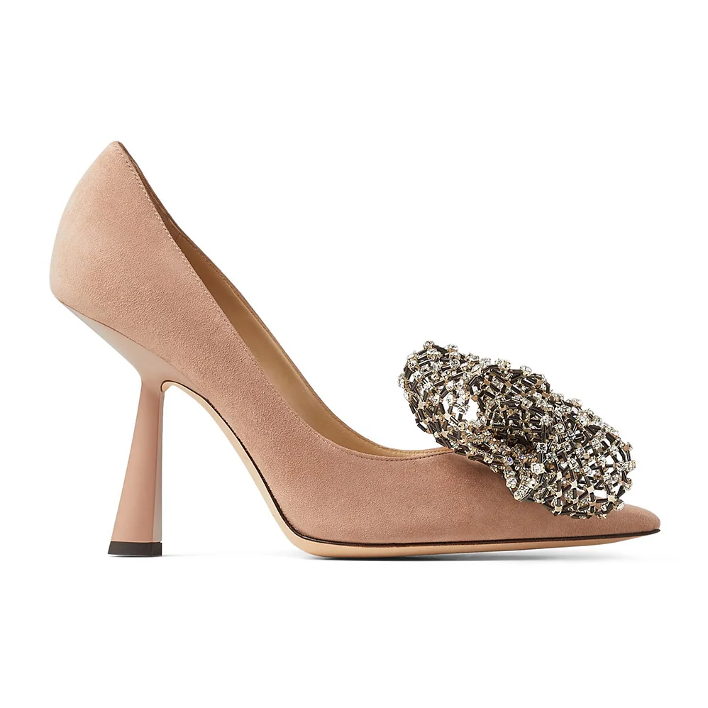Jimmy Choo Seka 100 Ballet Pink Suede Pumps with Crystal Bow Clasp for Women