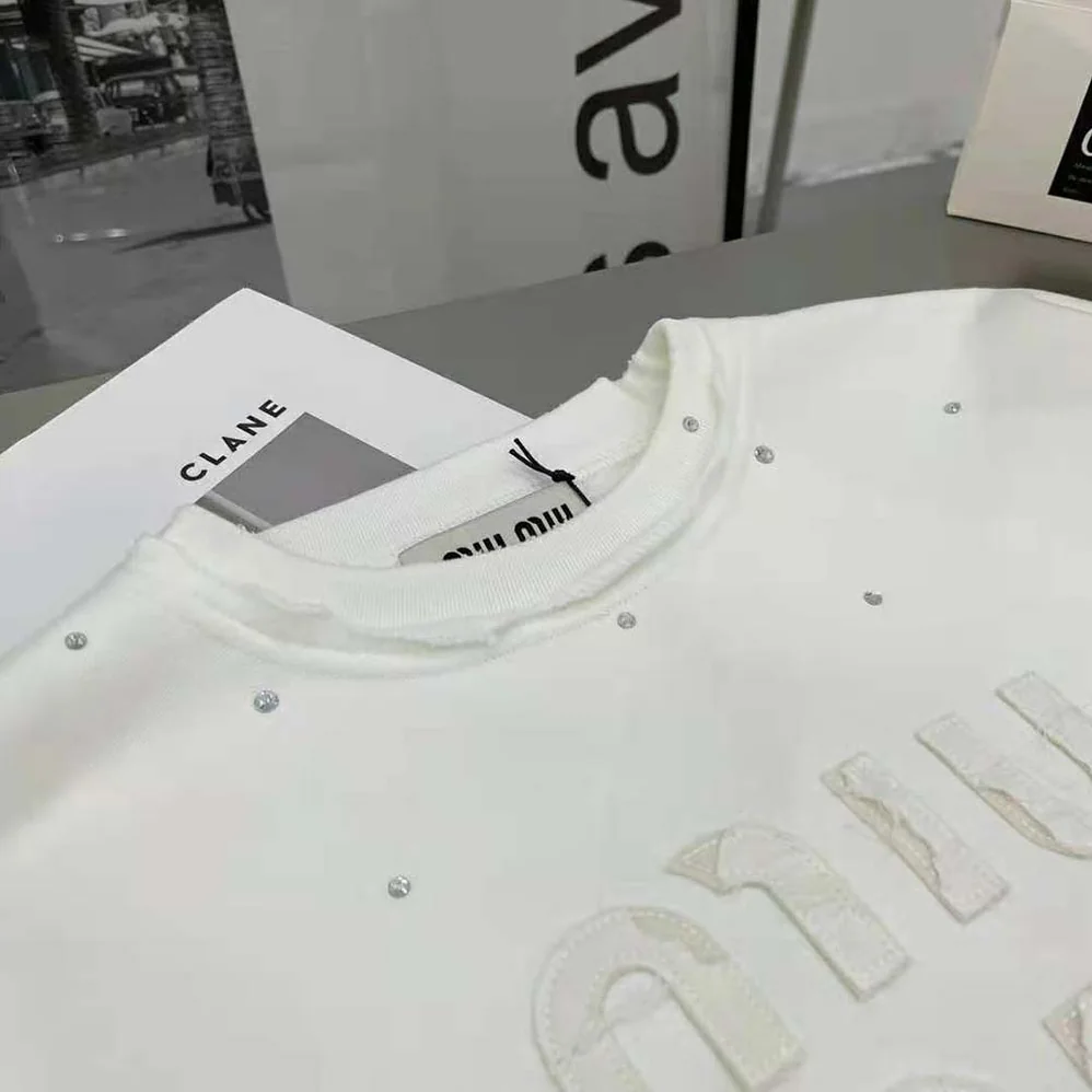 Miu Miu Cotton Embroidered Sweatshirt with Crystals for Women in White