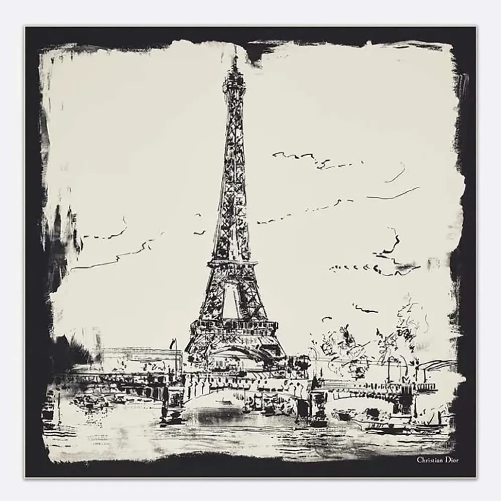 Dior Paris 90 Square Scarf Ecru and Black Silk Twill for Unisex