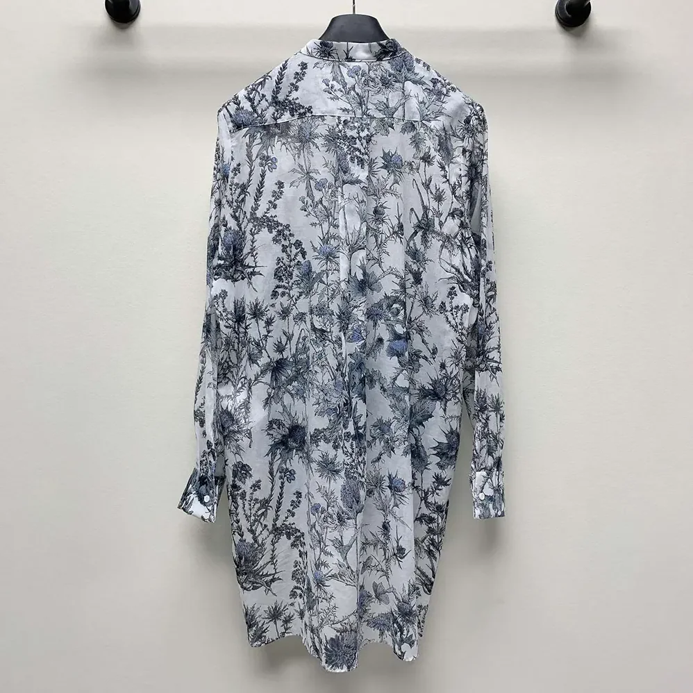 Dior Long Blouse White Cotton Muslin with Blue Dior Chardons Motif for Women