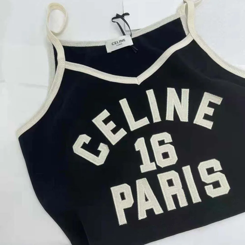Celine Embroidered Celine 16 Vest Top in Cotton Jersey for Women in Black Celine Embroidered Celine 16 Vest Top in Cotton Jersey for Women in Black