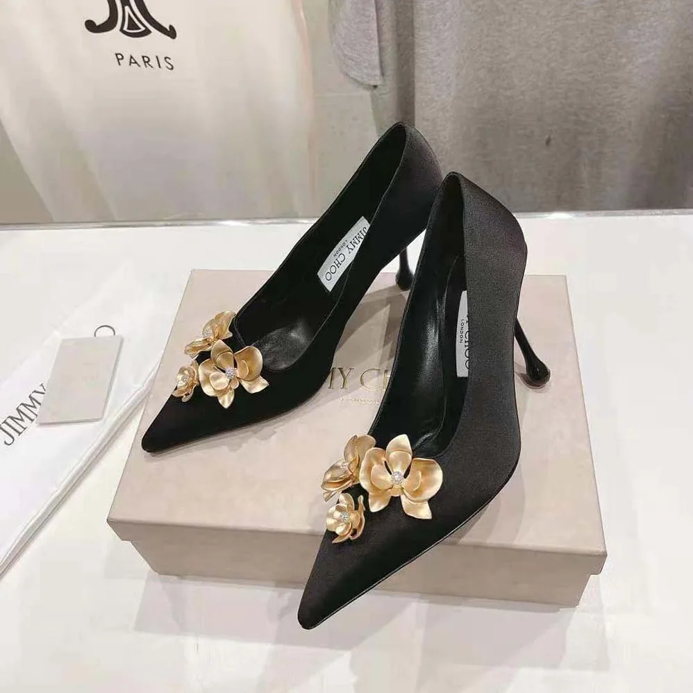 Jimmy Choo Ixia 95 Black Satin Pumps with Flowers-IXIA95BGU for Women