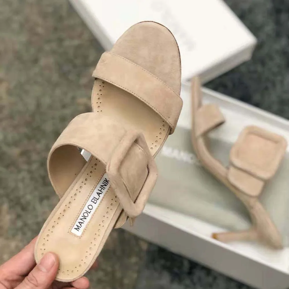 Manolo Blahnik Light Beige Suede Open Toe Mules for Women