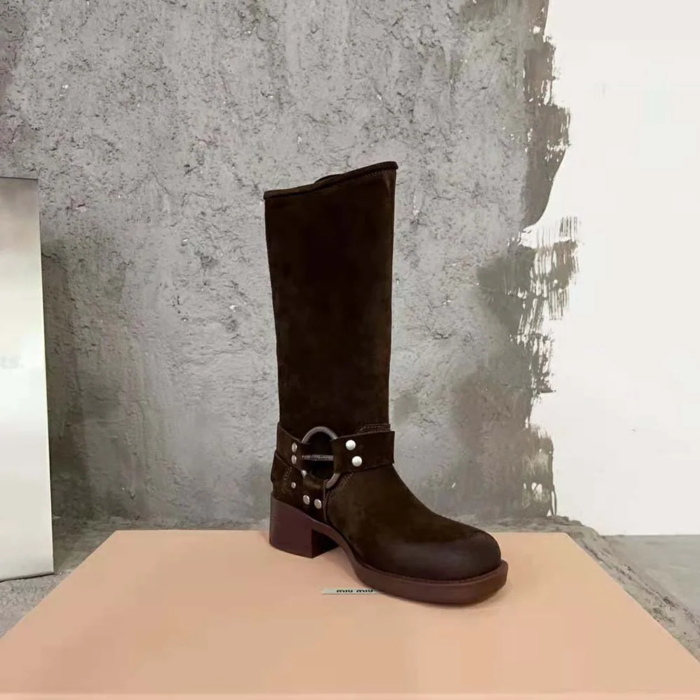 Miu Miu Suede Boots with Logo for Women in engraved Harness Ring