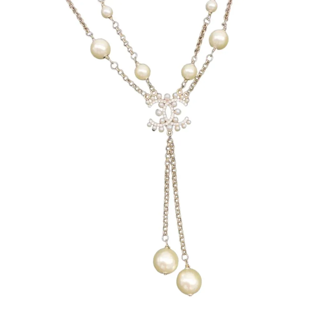 Chanel Pearl Double C Rice Beads Large And Small Necklace Gold Chanel Pearl Double C Rice Beads Large And Small Necklace Gold