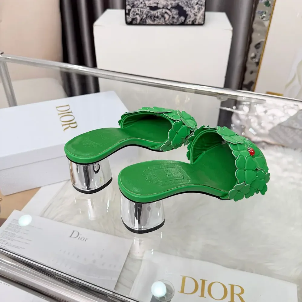 Dior Bloom Heeled Slide Green Dior Clover Embroidered Lambskin for Women Dior Bloom Heeled Slide Green Dior Clover Embroidered Lambskin for Women