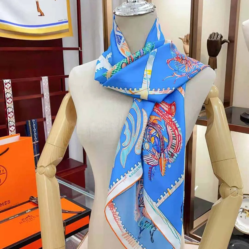 Hermes Chevaloscope Scarf 90 in Silk Twill with Hand-Rolled Edges for Women in Blue Hermes Chevaloscope Scarf 90 in Silk Twill with Hand-Rolled Edges for Women in Blue