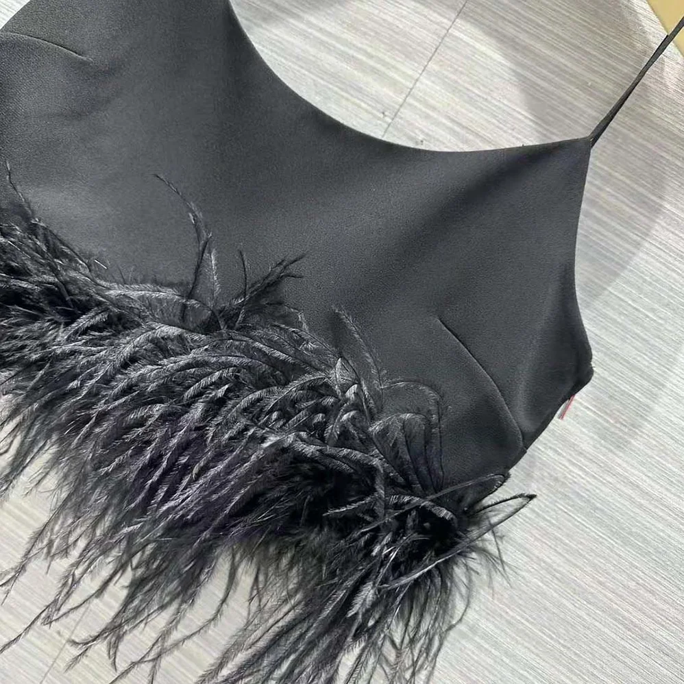 Miu Miu Stretch Cady Top with Feathers for Women in Black Miu Miu Stretch Cady Top with Feathers for Women in Black