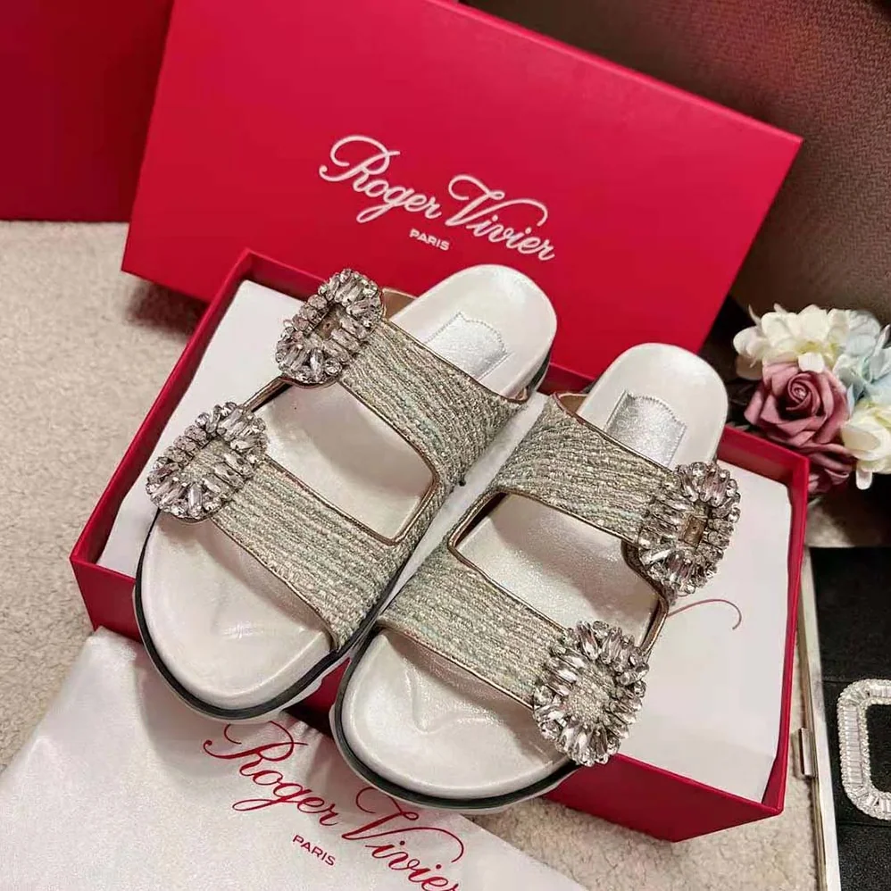 Roger Vivier Slidy Viv Strass Buckle Mules in Fabrics for Women in Silver