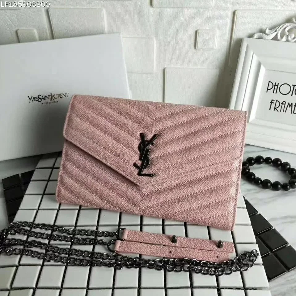 Saint Laurent YSL Medium Monogram Envelope Chain Wallet Silver Hardware in Pink Saint Laurent YSL Medium Monogram Envelope Chain Wallet Silver Hardware in Pink