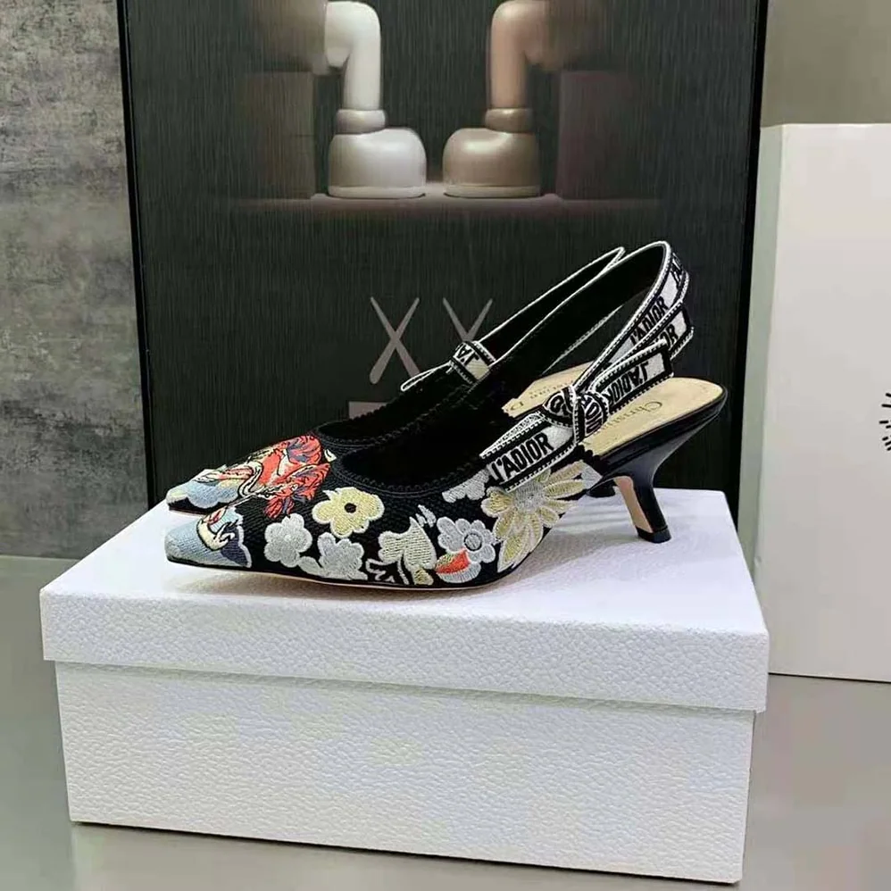Dior J'adior Slingback Pump Black Multicolor Embroidered Cotton with Toile de Jouy Pop Motif for Women