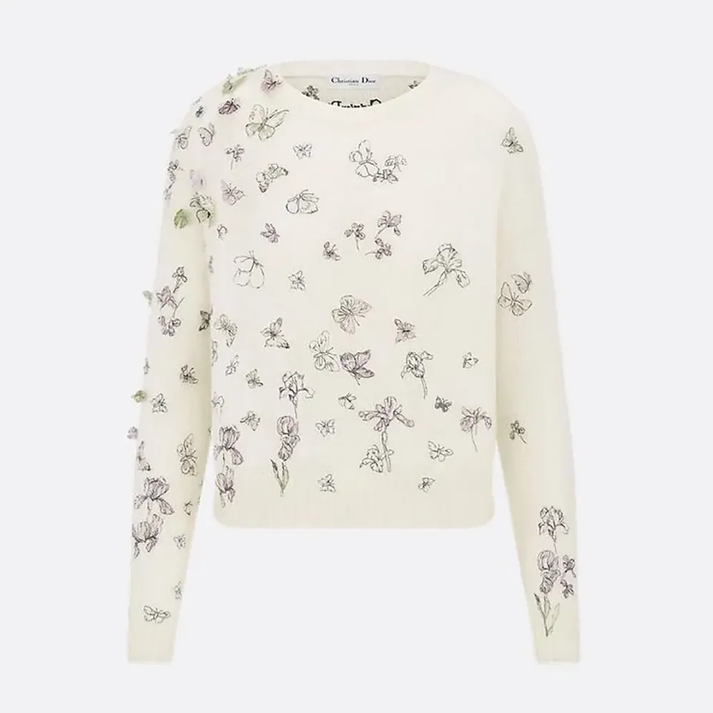 Dior Embroidered Sweater White Alpaca Cashmere and Silk Knit for Women Dior Embroidered Sweater White Alpaca Cashmere and Silk Knit for Women