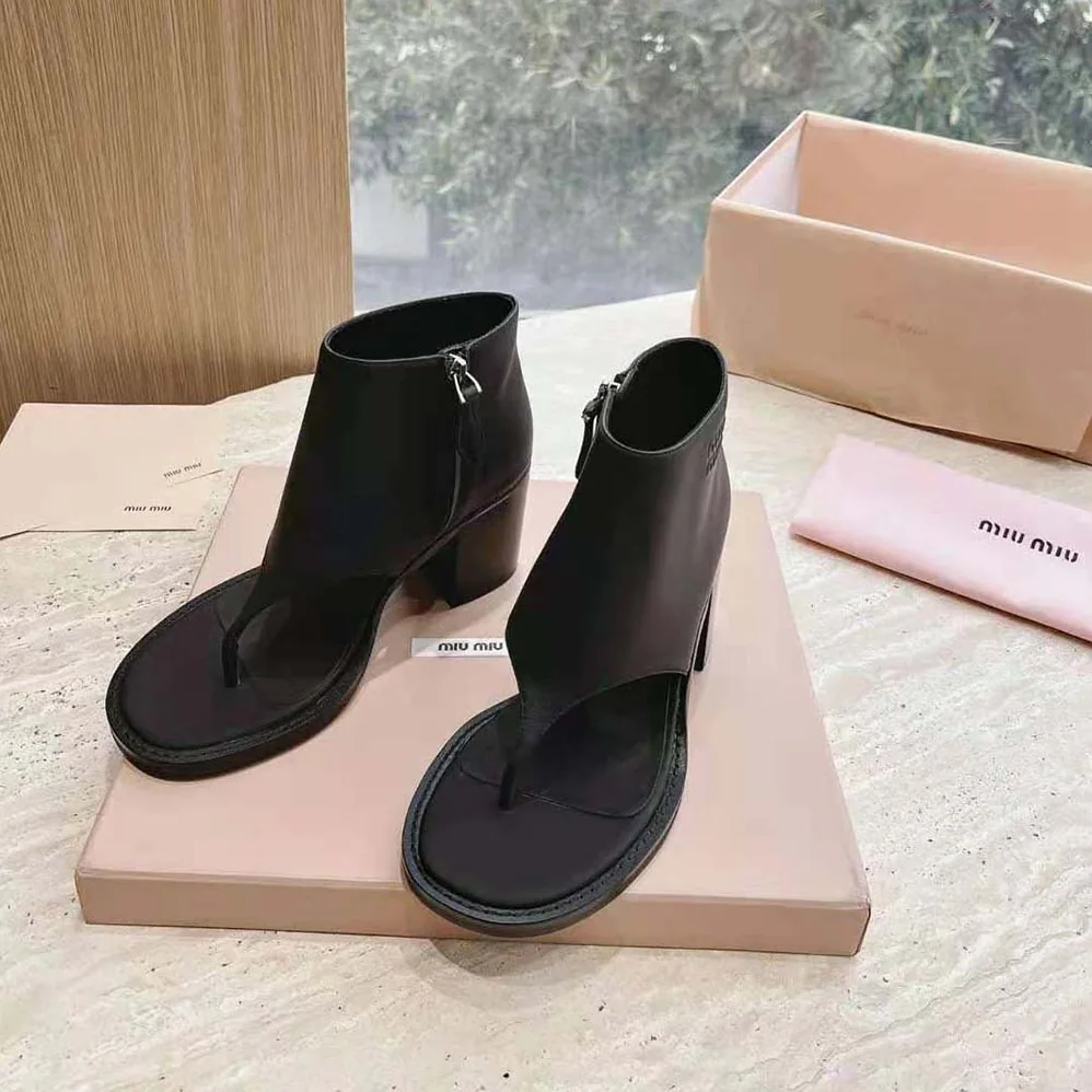 Miu Miu Leather Thong Booties for Women in Black