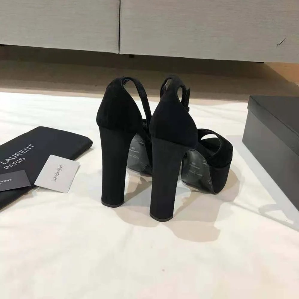Saint Laurent YSL Jodie Platform Sandals in Suede for Women in Black