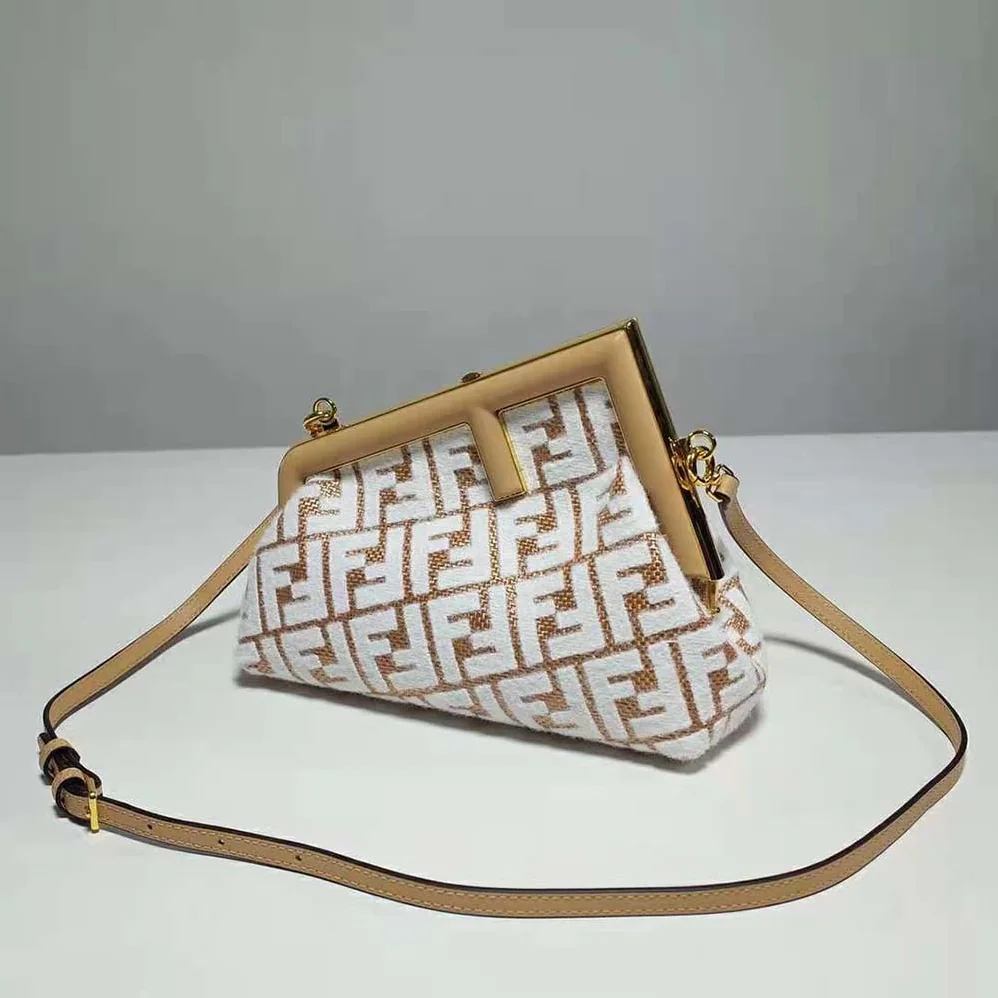 Fendi First Small Raffia Bag with White Tapestry Fabric FF Motif for Women Fendi First Small Raffia Bag with White Tapestry Fabric FF Motif for Women