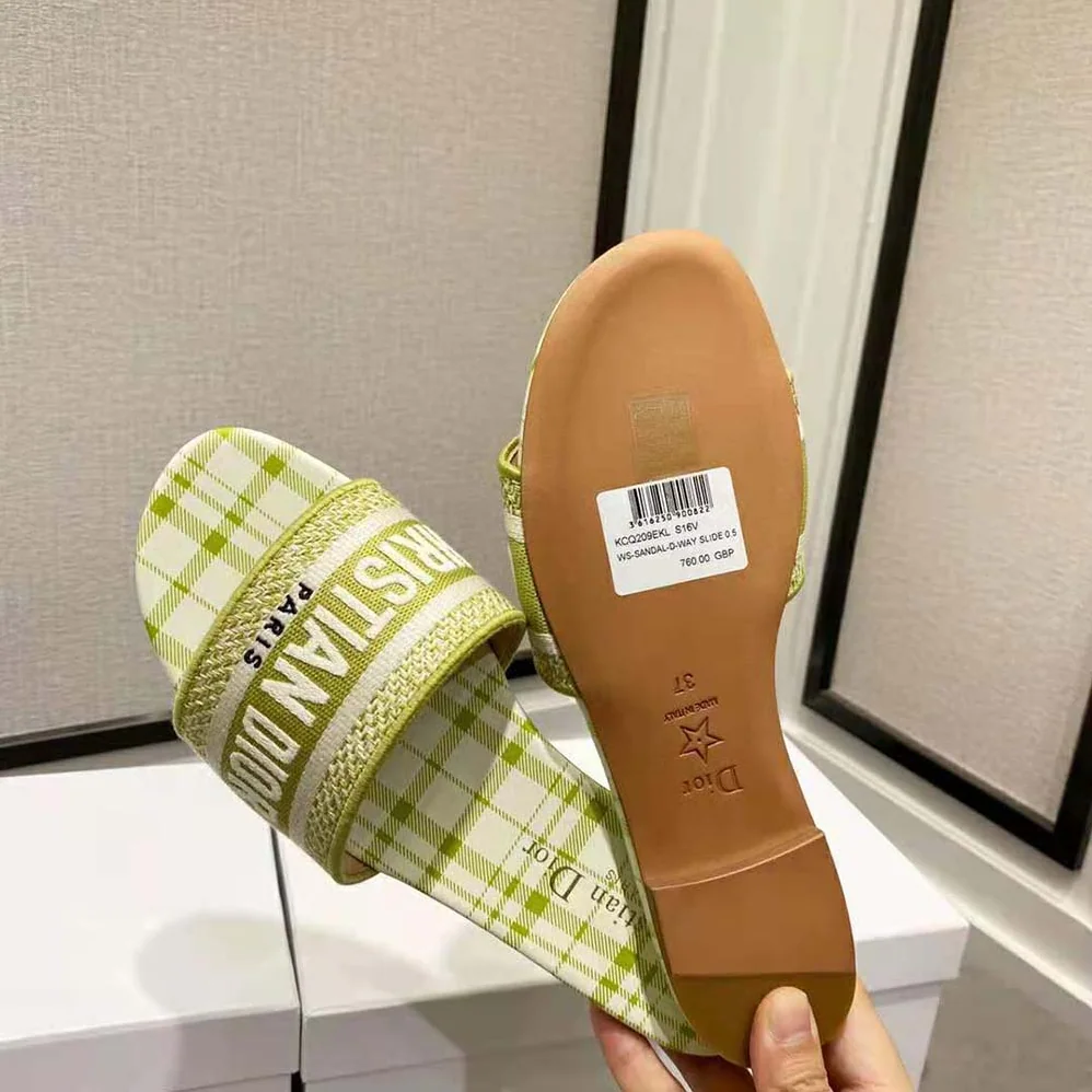 Dior Dway Slide Lime Check n Dior Embroidered Cotton for Women