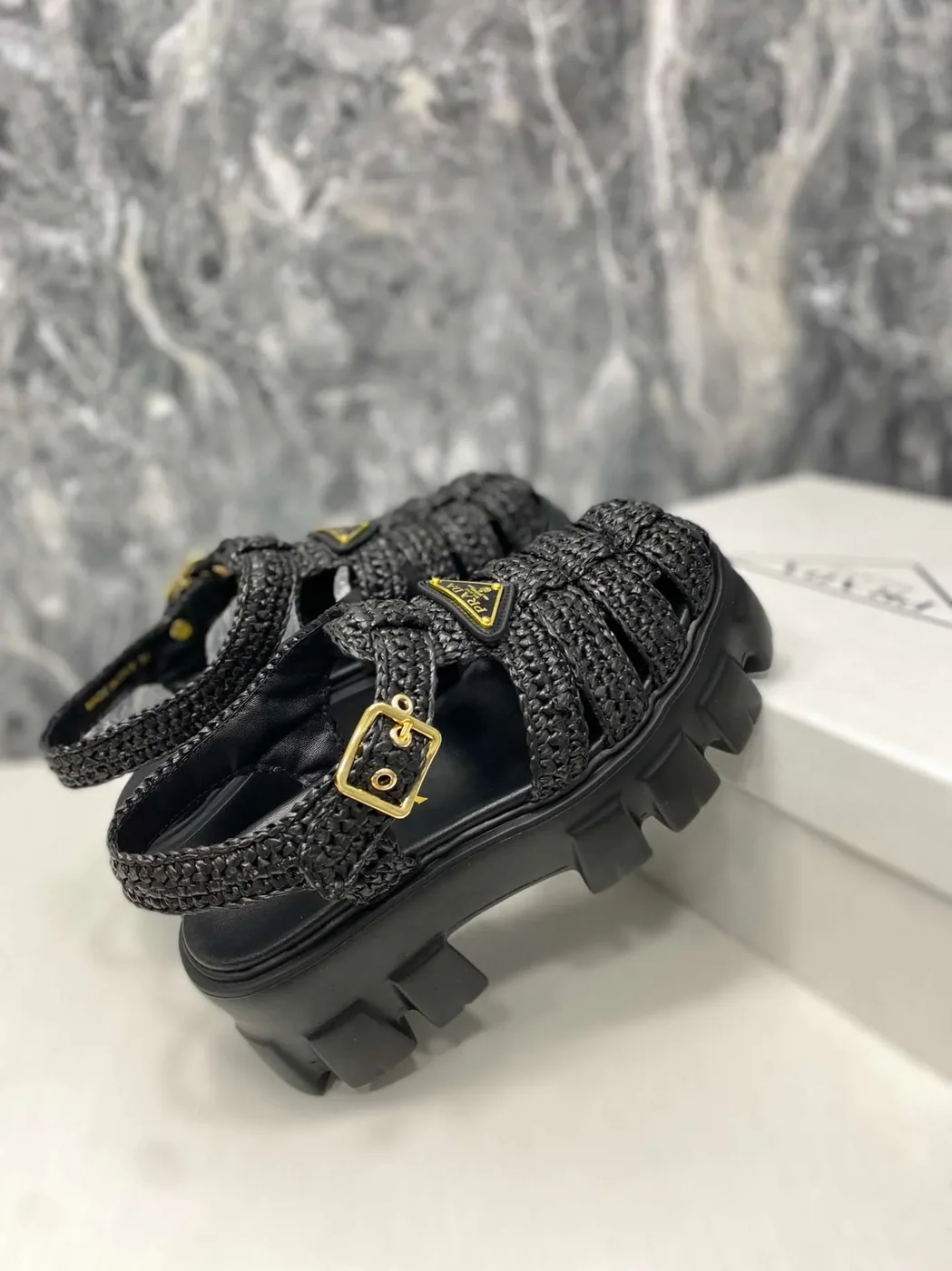 Prada Monolith Crochet Cage Sandals Black Prada Monolith Crochet Cage Sandals Black