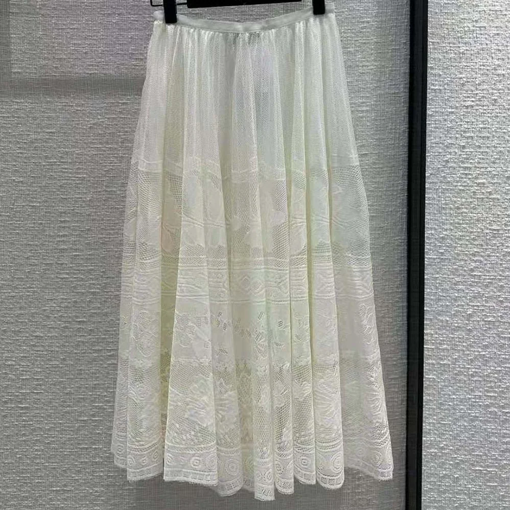 Dior Flared Mid-length Skirt Ecru Technical Cotton Lace with D for Women in Lace Butterfly Motif