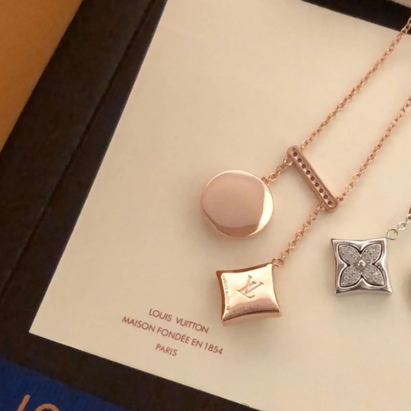 Louis Vuitton Two Blossom Necklace Pink Gold Tone