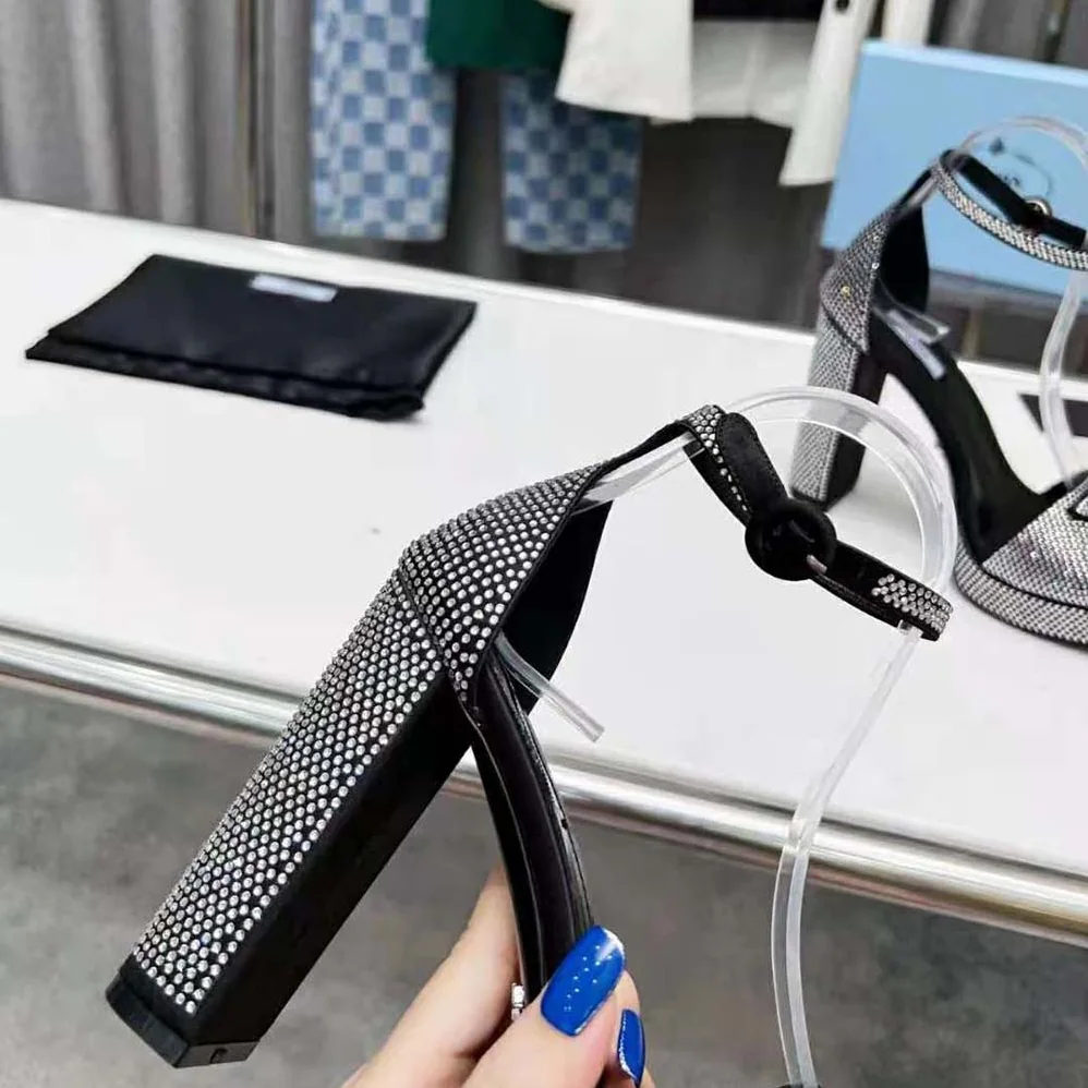 Prada Satin Platform Sandals with Crystals for Women in Black Prada Satin Platform Sandals with Crystals for Women in Black