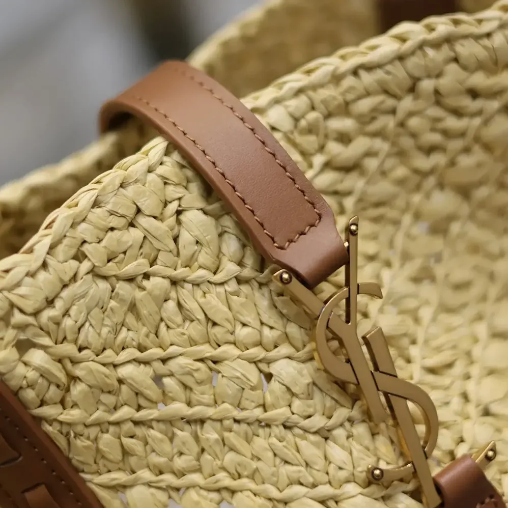 Saint Laurent YSL Panier Medium in Raffia and Vegetable for Women in tanned Leather Saint Laurent YSL Panier Medium in Raffia and Vegetable for Women in tanned Leather