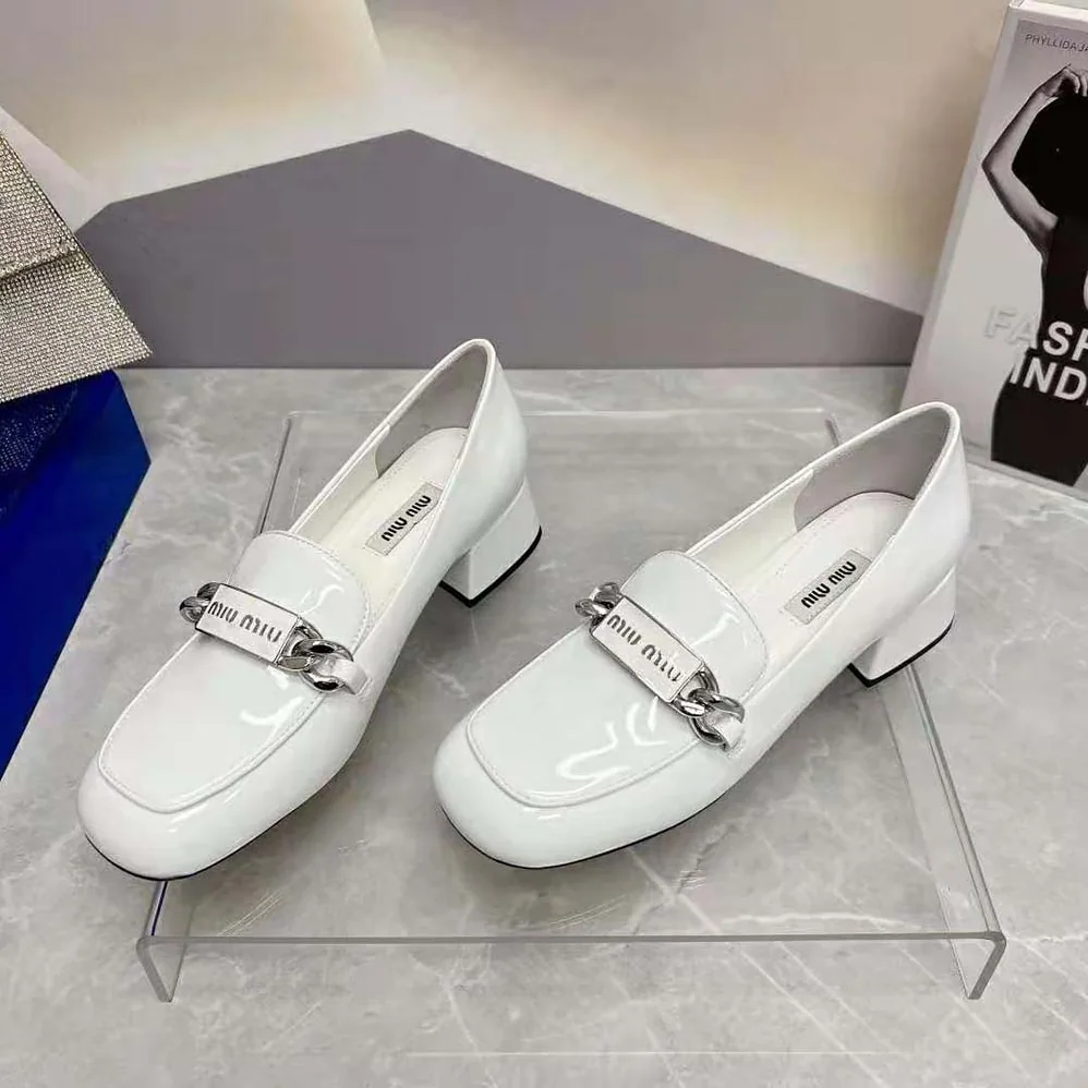 Miu Miu Patent Leather Loafers in 35 mm Heel Height for Women in White Miu Miu Patent Leather Loafers in 35 mm Heel Height for Women in White