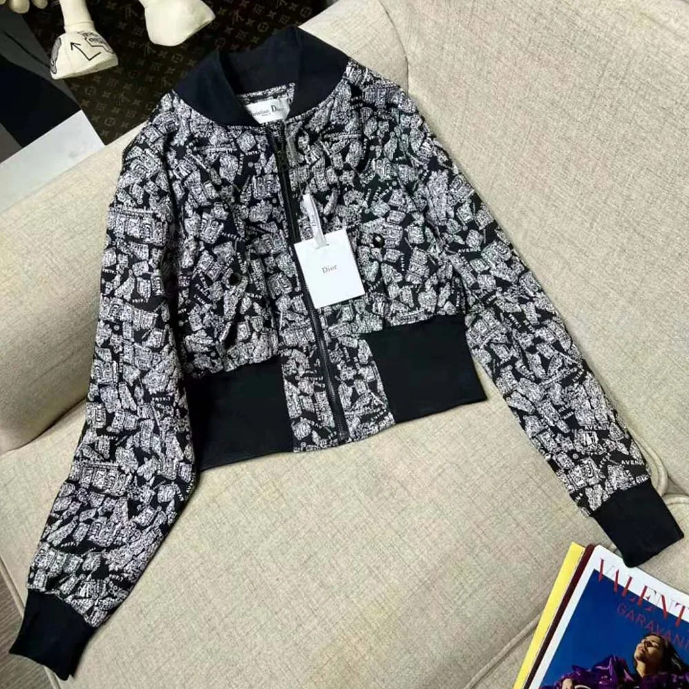 Dior Cropped Bomber Jacket Black and White Technical Taffeta Jacquard for Women