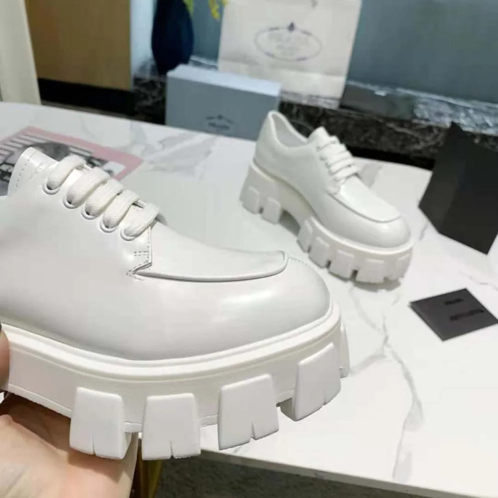 Prada Monolith Brushed Leather Lace-up Shoes for Women in White Prada Monolith Brushed Leather Lace-up Shoes for Women in White