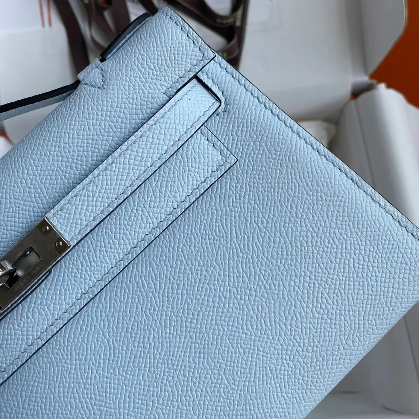 Hermes Kelly Pochette Top Handle Bag / Sky Blue Epsom Palladium Hardware Hermes Kelly Pochette Top Handle Bag / Sky Blue Epsom Palladium Hardware