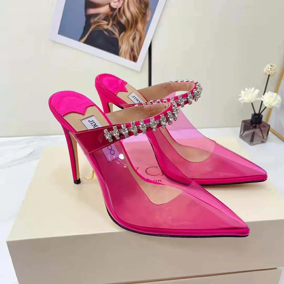 Jimmy Choo Bing 100 Hot Pink Neon Plexi Mules with Pink Crystal Strap for Women Jimmy Choo Bing 100 Hot Pink Neon Plexi Mules with Pink Crystal Strap for Women