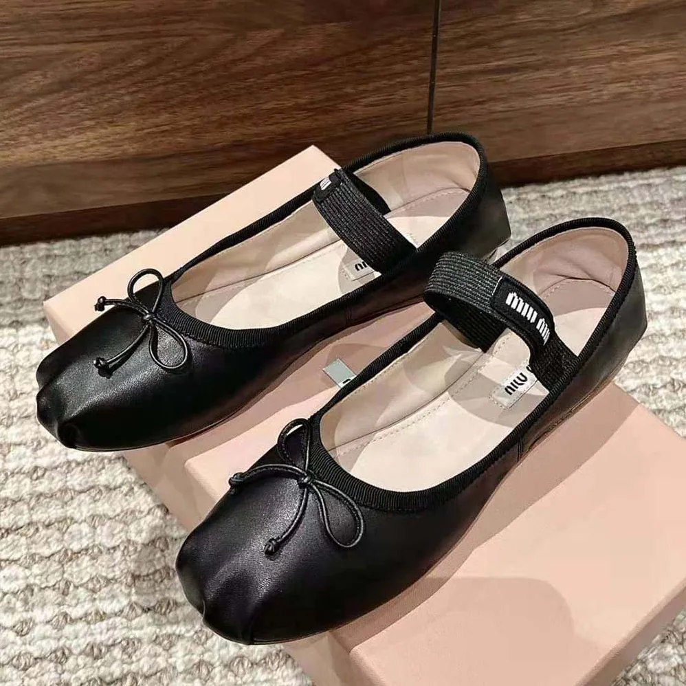 Miu Miu Leather Ballerinas with Fabric Logo Label for Women in Black