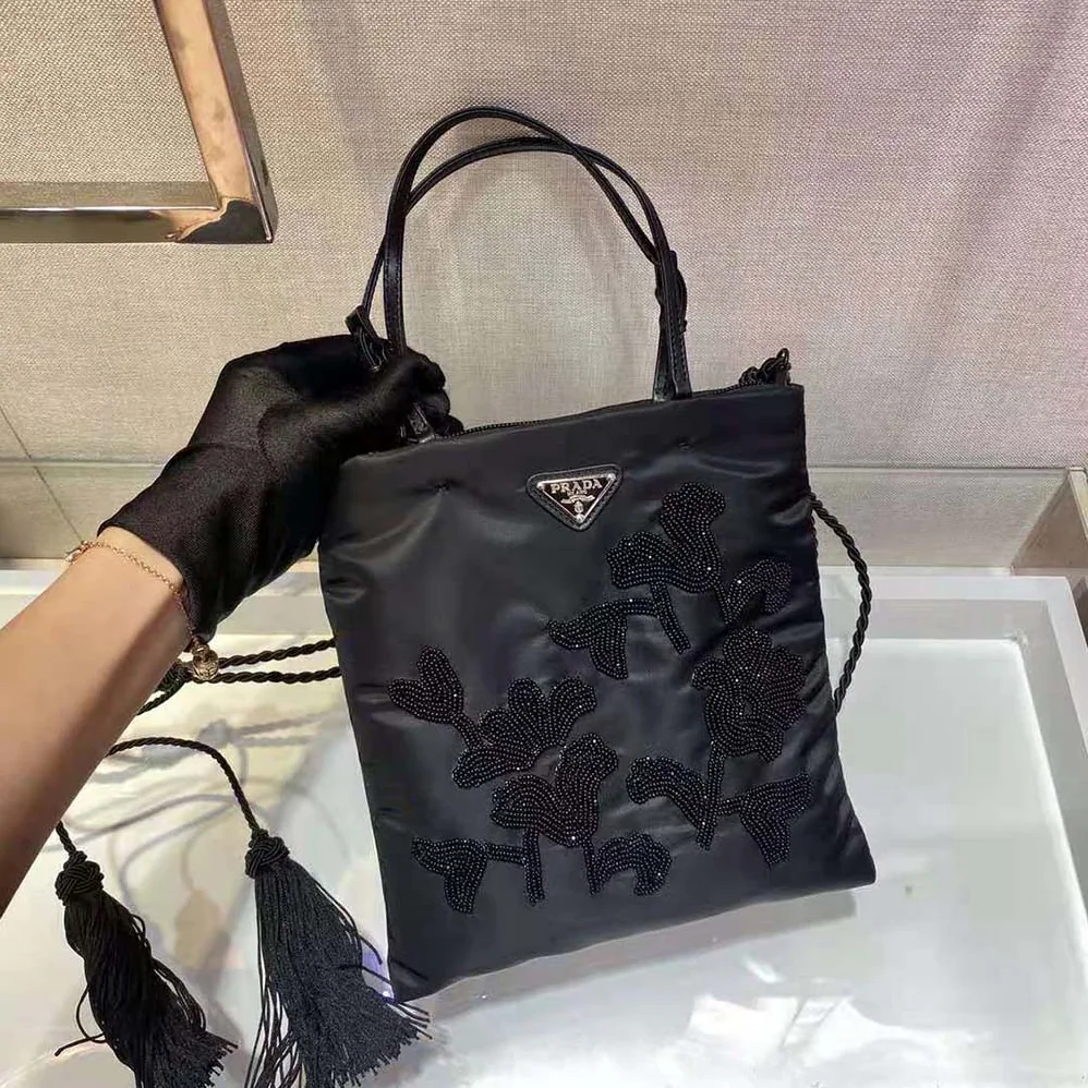Prada Embroidered Nylon Handbag for Women in Black