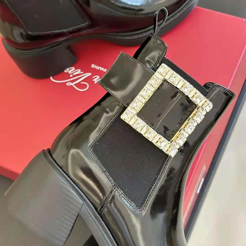 Roger Vivier Viv' Rangers Strass Buckle Chelsea Ankle Boots in Patent Leather for Women Roger Vivier Viv' Rangers Strass Buckle Chelsea Ankle Boots in Patent Leather for Women